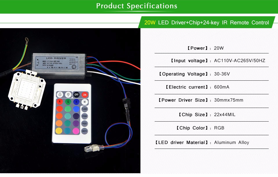 1Set For DIY Floodlight Spot light bulbs Full Watt RGB Integrated Chip 10W 20W 30W 50W RGB LED lamp Driver 24Key Remote