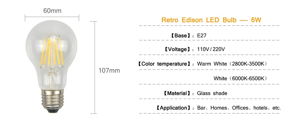 1x 110V 220V Full Watt 2W 4W 6W 8W Edison Filament LED Ball Bulb Glass LED lamp Home Bar Decor Night light Replace Incandesc