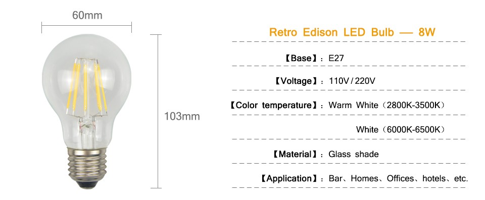 1x 110V 220V Full Watt 2W 4W 6W 8W Edison Filament LED Ball Bulb Glass LED lamp Home Bar Decor Night light Replace Incandesc