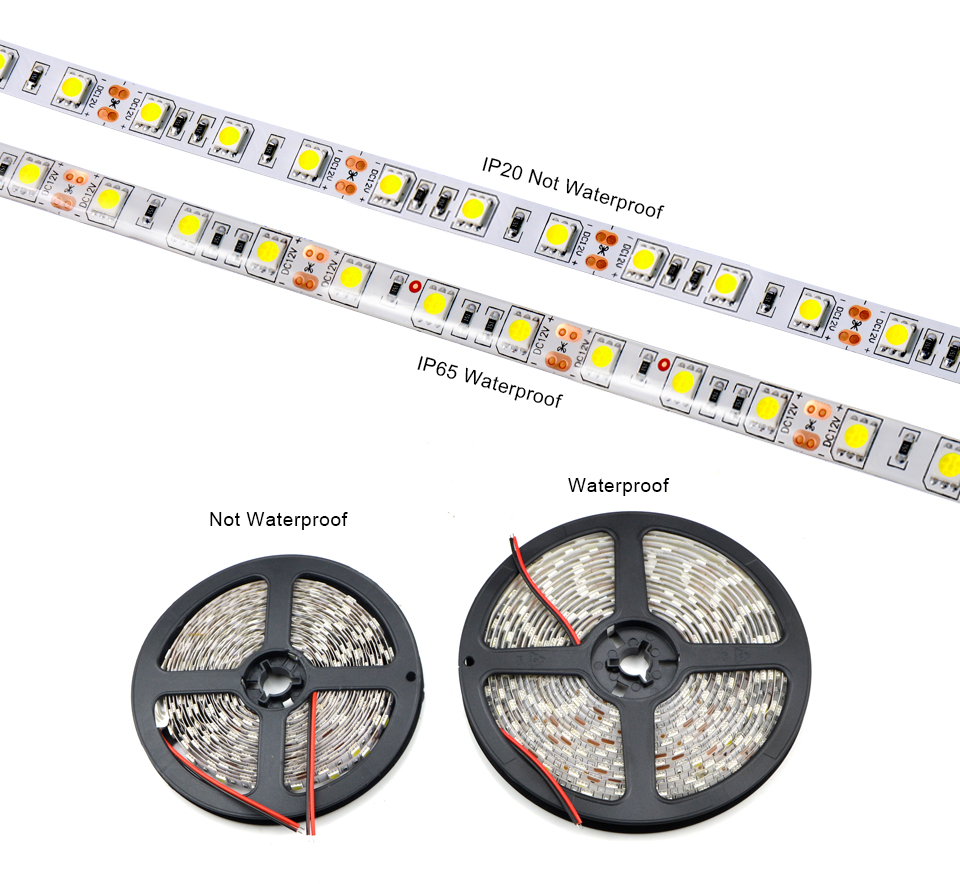 IP65 IP20 No Waterproof 5m DC 12V RGB LED Strip Light 2835 5630 5050 SMD LED ribbon string tape for indoor outdoor lighting