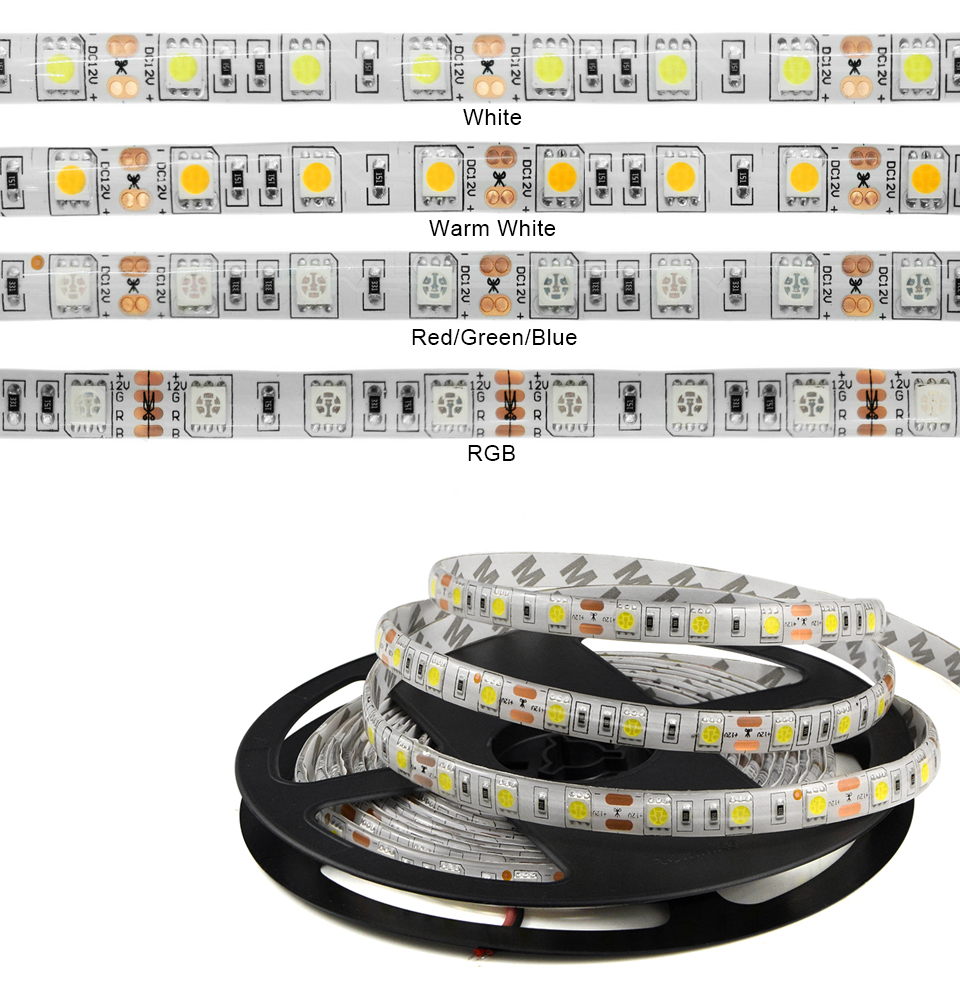 IP65 IP20 No Waterproof 5m DC 12V RGB LED Strip Light 2835 5630 5050 SMD LED ribbon string tape for indoor outdoor lighting