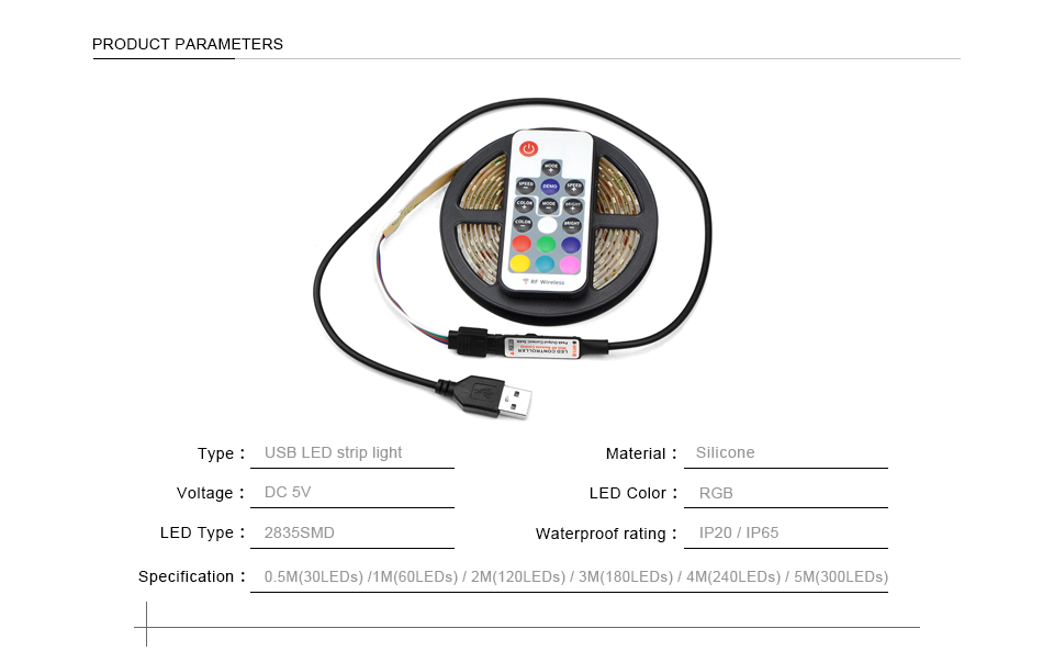 DC 5V USB charger RGB LED strip light 2835 SMD USB cable led light RGB LED lamp RF RGB remote control Decor light 1M 2M 3M 4M 5M