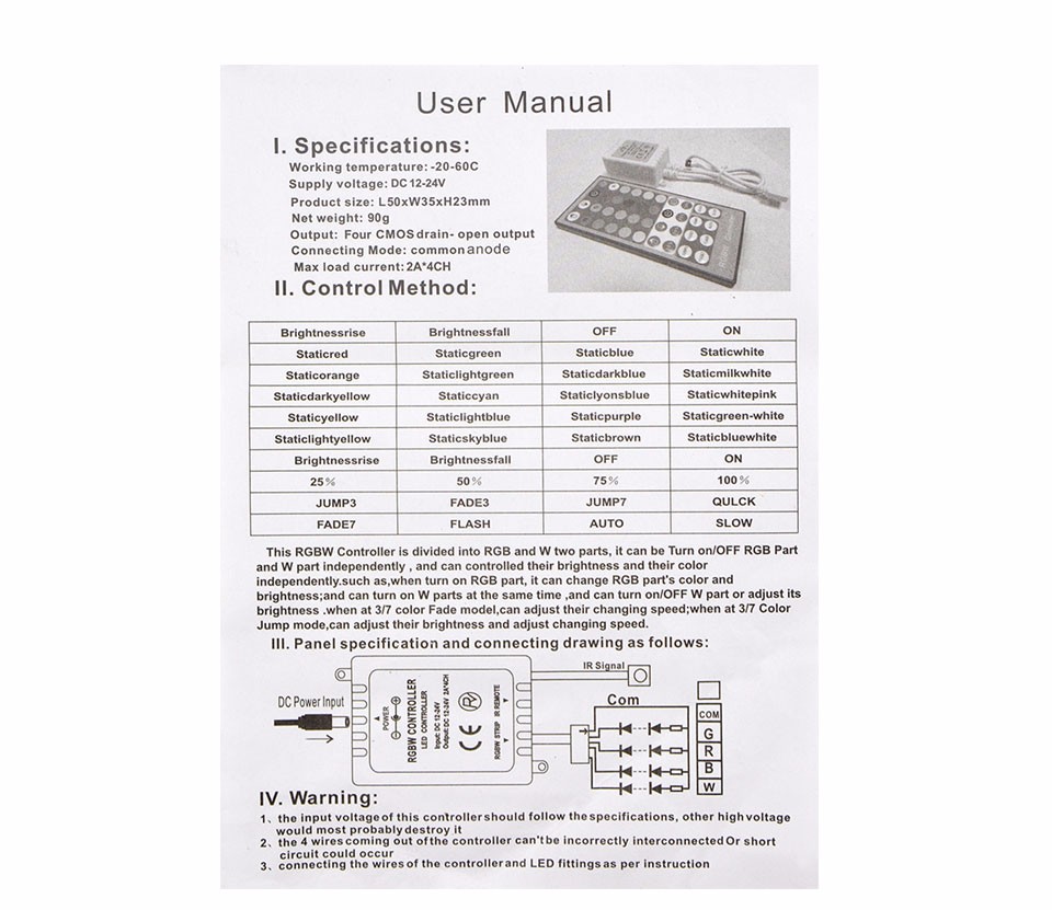 4 Channels 5pin RGBW LED Dimmer DC 12V 24V 40 Keys IR Remote Controller For RGB W WW 5050 LED Strip light