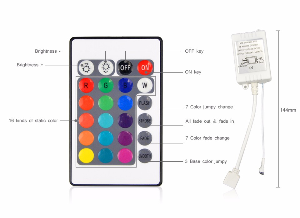 RGB LED strip light 2835 3528 DC12V 5M 300led flexible ribbon or 24Key Reomote Controller or 12V 3A power adapter