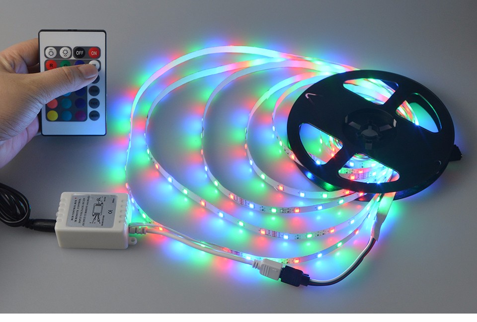 RGB LED strip light 2835 3528 DC12V 5M 300led flexible ribbon or 24Key Reomote Controller or 12V 3A power adapter