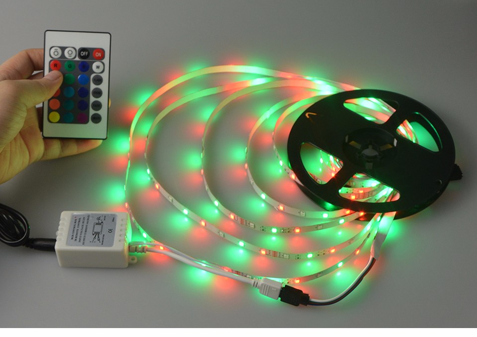 RGB LED strip light 2835 3528 DC12V 5M 300led flexible ribbon or 24Key Reomote Controller or 12V 3A power adapter