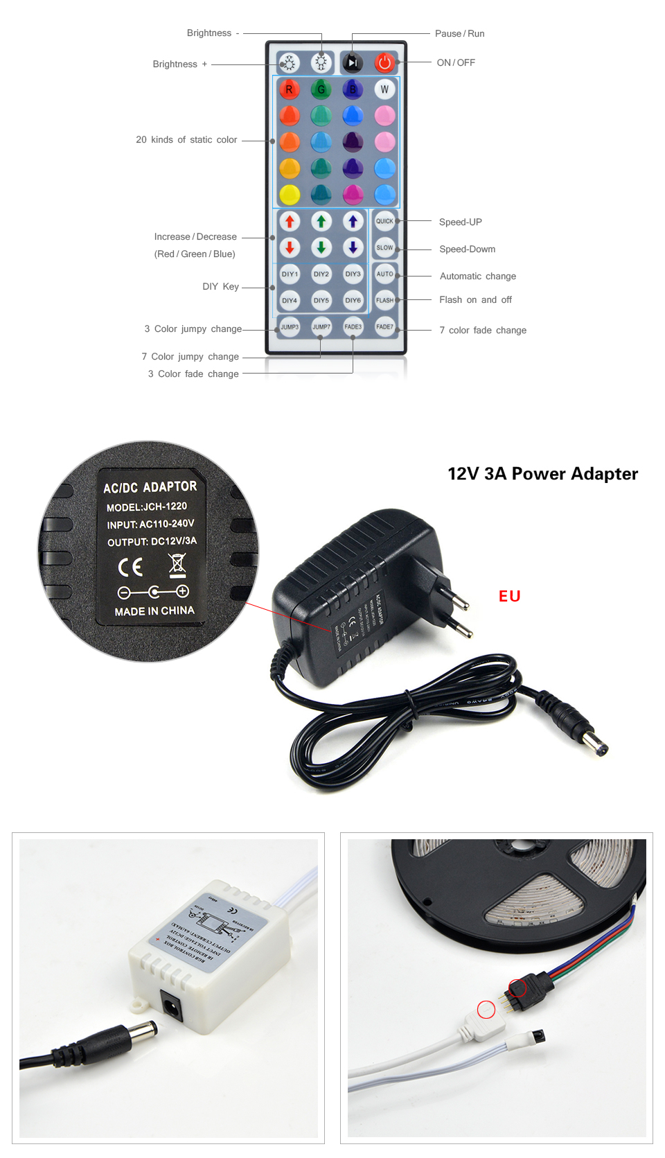 1set DC12V 5m IP20 IP65 waterproof 5050 SMD RGB RGBW RGBWW LED strip light 3A power supply adapter RGB remote control