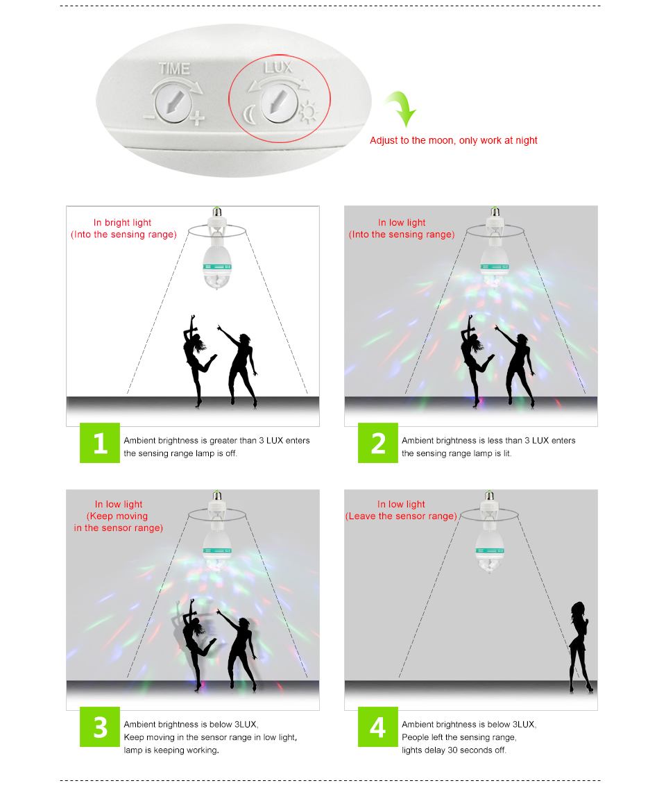 E27 3W 220V 110V PIR Motion Sensor RGB LED night light lamp Stage party Bulb Infrared Induction PIR Switch lamp base Holder