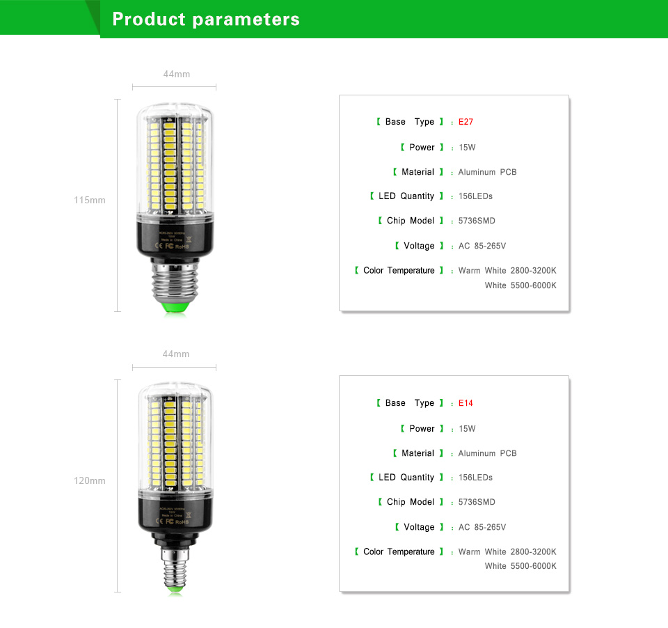 15W E27 85 265V 110V 220V LED lamp 5736 SMD 2835 SMD LED light bulb Led Spotlight Warm white Lamps Lampada Bombillas