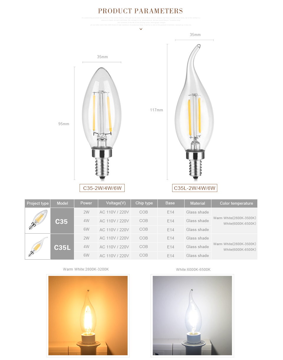 LED light E14 220V 110V Filament LED lamp 2W 4W 6W Edison Glass LED bulb Vintage Edison Candle light