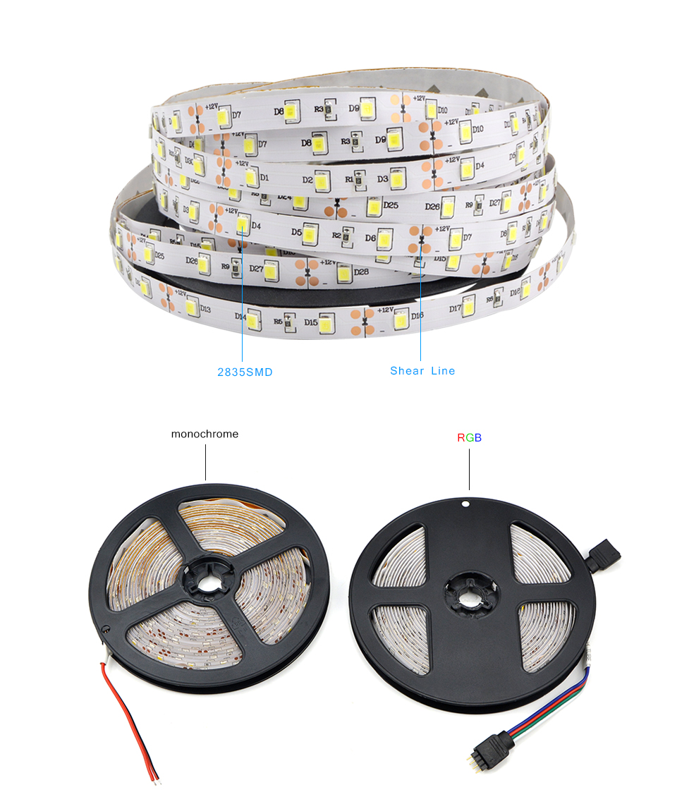 5m lot New SMD 2835 LED Strip Super Bright waterproof DC 12V RGB 3528 SMD LED Strip Flexible light tape LED Ribbon String