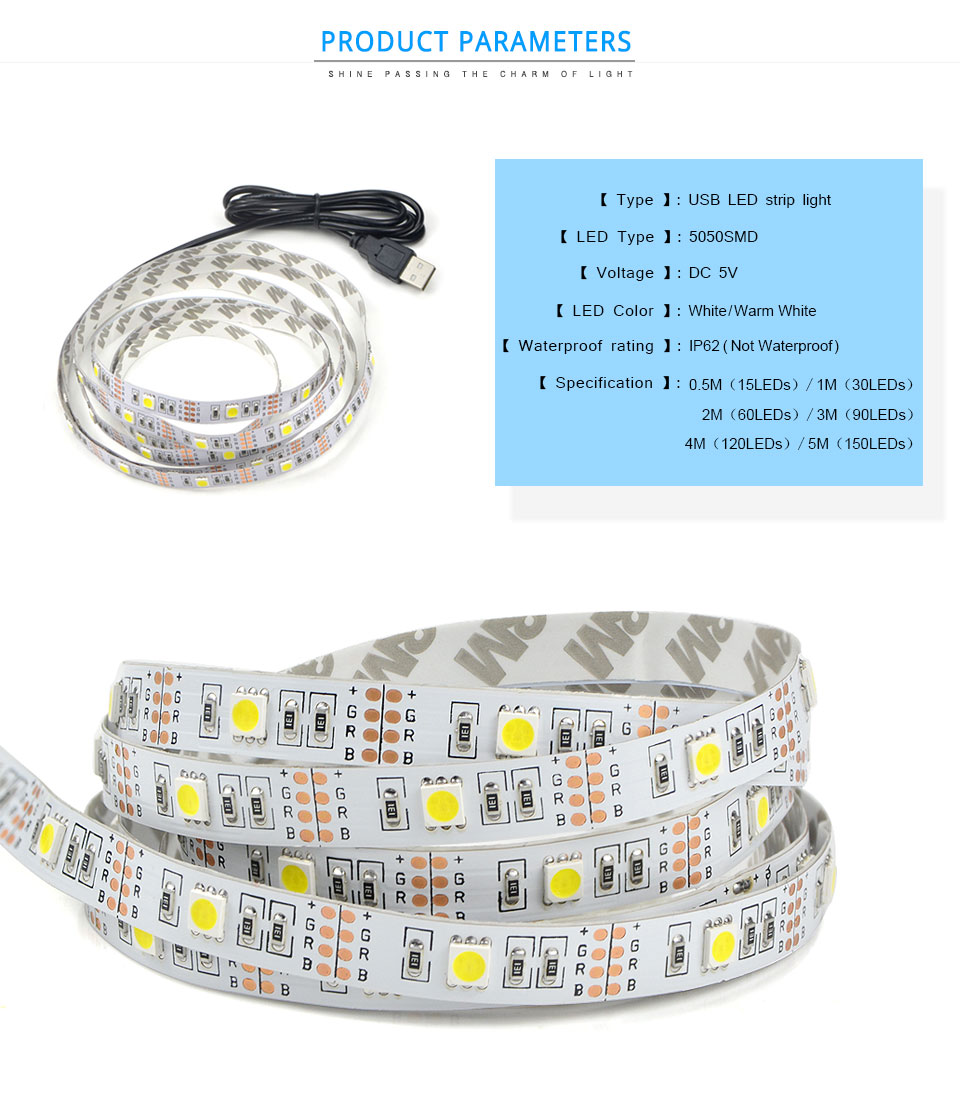 5050 SMD USB Charger Supply RGB LED Strip light DC 5V 0.5m 1M 2M USB Cable Decor lamp String RGB controller RGB remote control