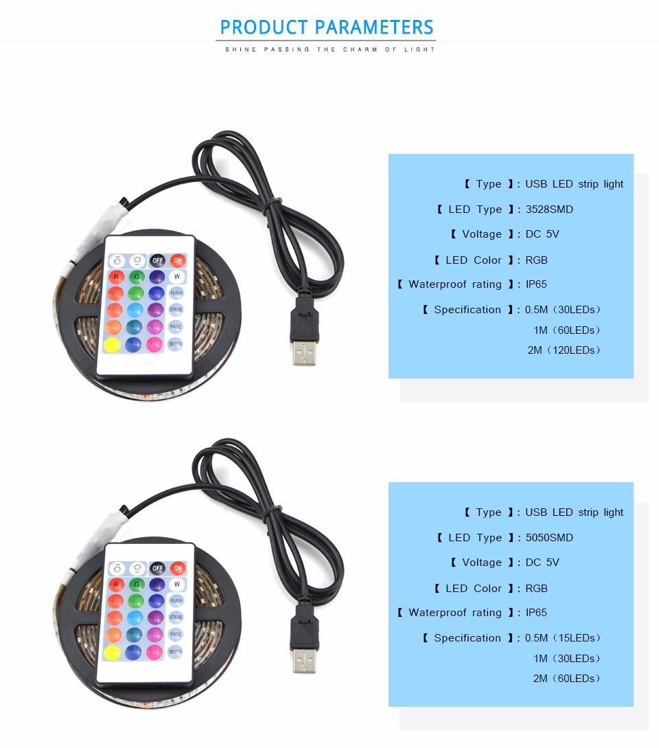 IP65 Waterproof DC 5V RGB USB Power LED Strip light LED lamp ribbon Tape SMD 3528 5050 SMD 1M 2M Decor TV Background Lighting