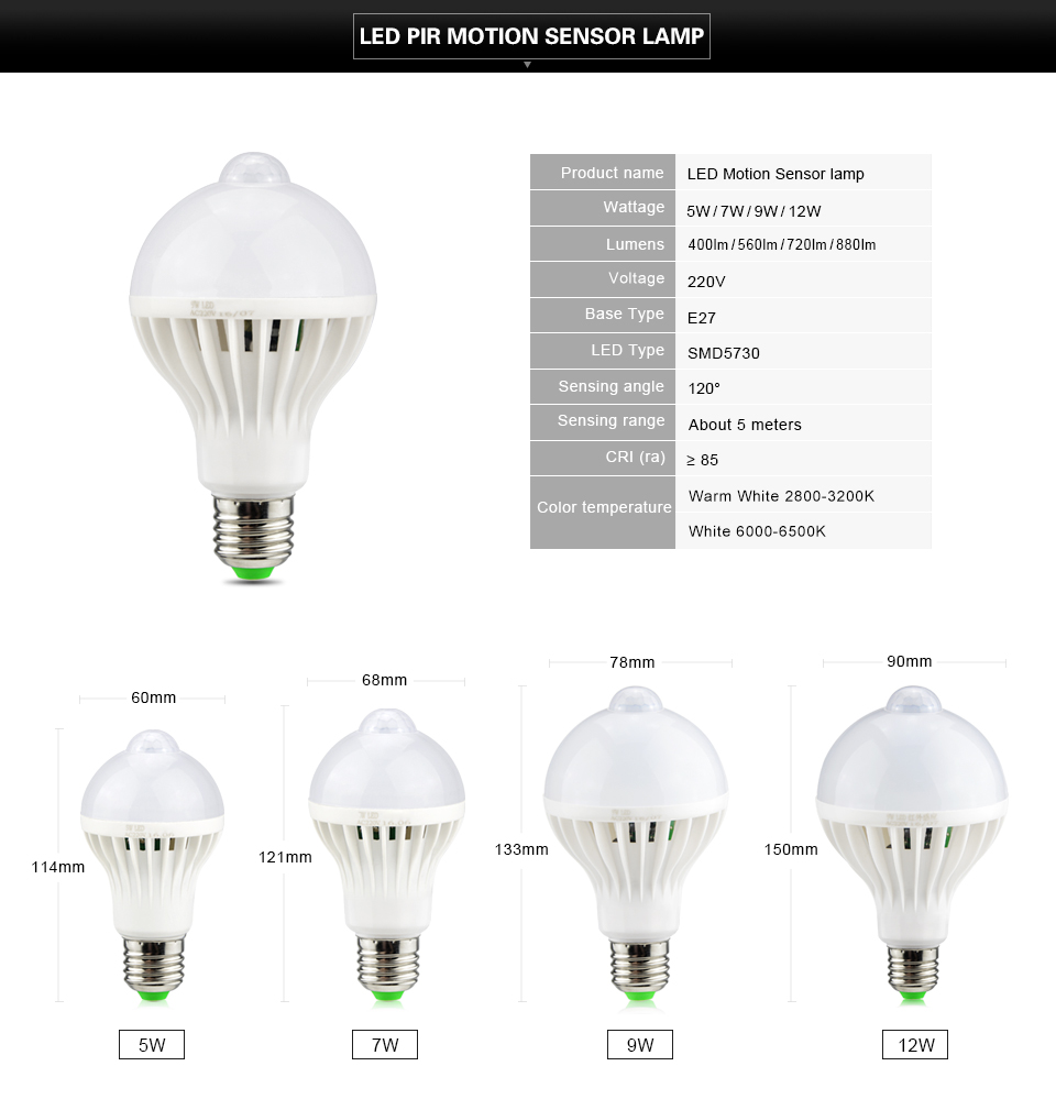 PIR Motion Sensor LED light LED Bulb E27 5730 SMD 220V 3W 5W 7W 9W 12W Sound Voice Light Control lamp For Stair lighting