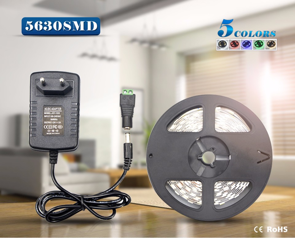 DC12V Led strip light SMD 5630 5730 5M 300led flexible strip lamp no waterproof power supply adapter EU US