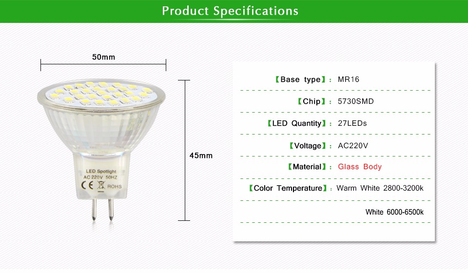 MR16 220V 5730 SMD 27LEDs 7W LED Spotlight Bulb lamp GU5.3 LED lamp Light Heat resistant Fireproof LED light A Engergy Class