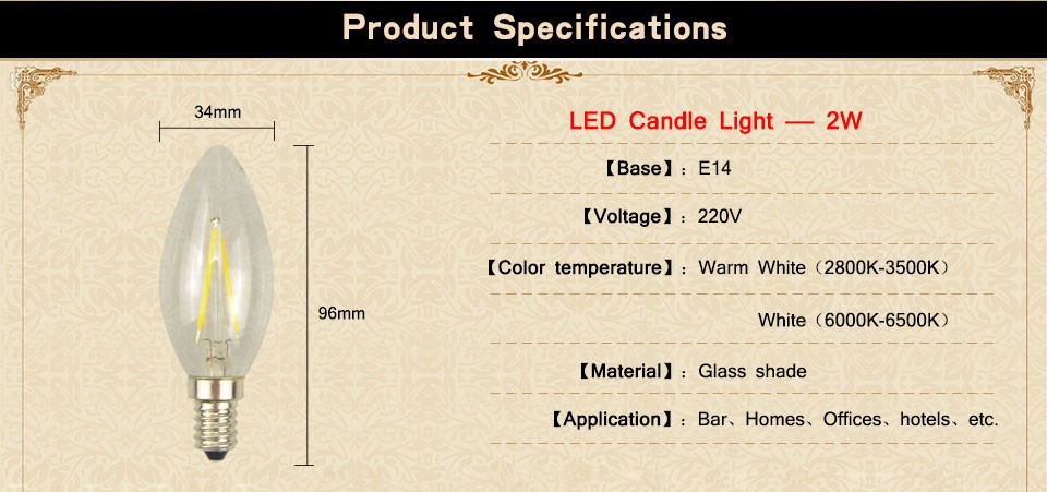 1 x E14 220V COB LED lamps Glass shade Bulb Real Enough watt 2W 4W LED Filament Retro Edison Candle light 360 Degree Chandelier