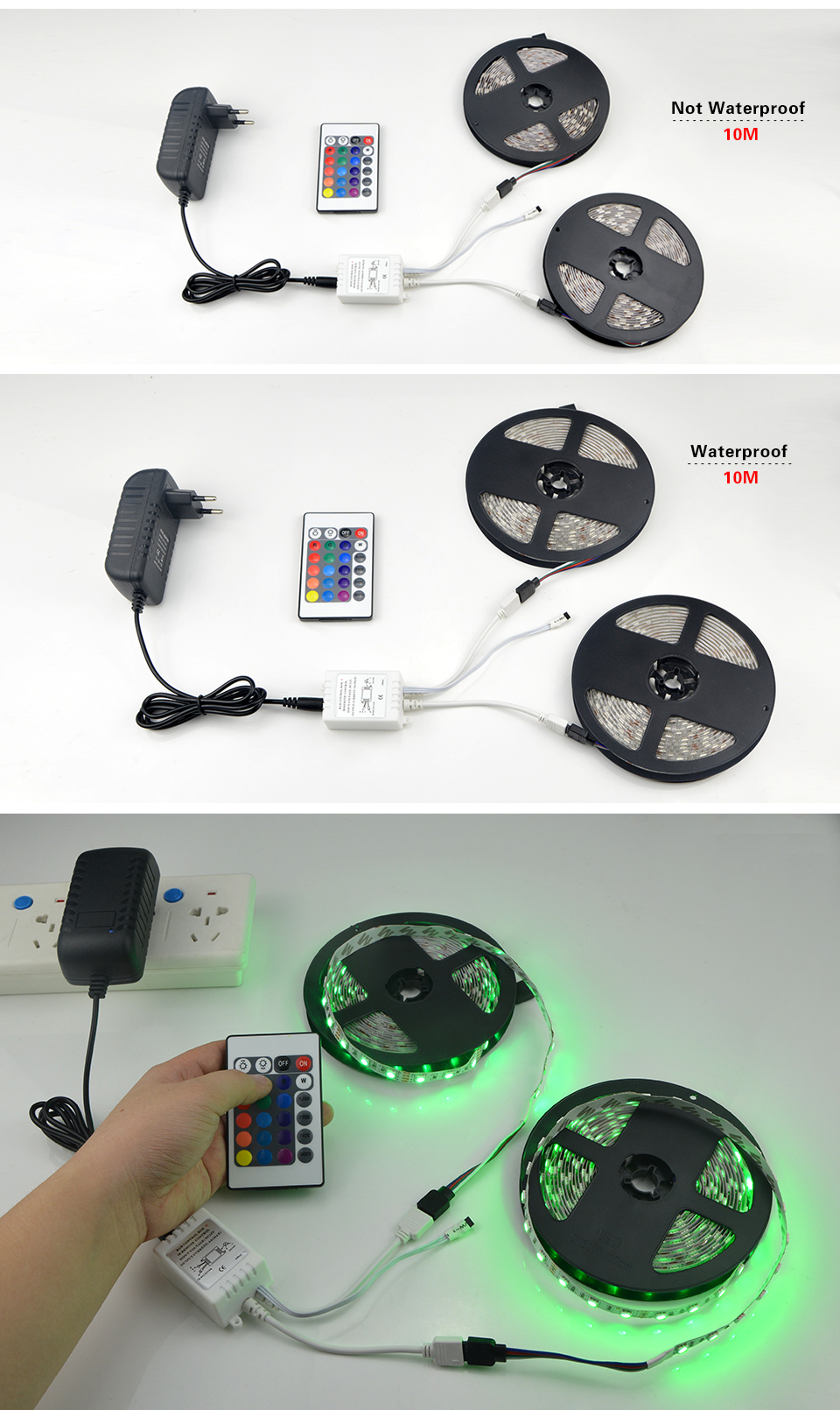 DC 12V 5M 10M 5050 SMD RGB LED Strip light IP20 IP65 waterproof LED lamp Tape 3A power supply Adapter IR Remote controller