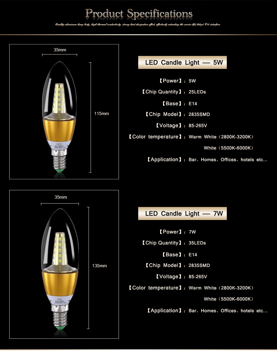 220V 110V E14 LED Candle Bulb 5W 7W LED Light Led Lamp Lampada Bombillas Lumiere SMD2835 Crystal lamp Golden Aluminum