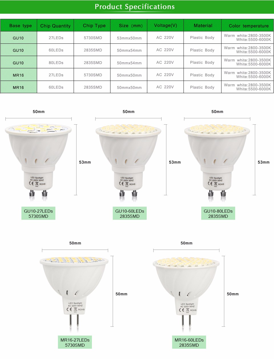 5730 2835 SMD 220V MR16 GU10 LED Bulb Bombillas Led Spotlights 27 60 80 LEDs LED lamp for home Energy Saving Lampada lamp