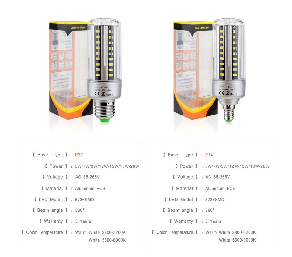 E27 E14 5W 7W 9W 12W 15W 18W 20W LED lamp Corn Bulb LED Light 5736 SMD 110V 220V 85 265V Aluminum Cooling Lampada