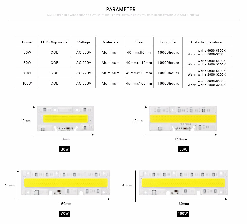 IP65 COB LED Chips 30W 50W 70W 100W AC 220V LED COB Bulb Lamp Light Smart IC For DIY High Power Flood light Spot Bulb