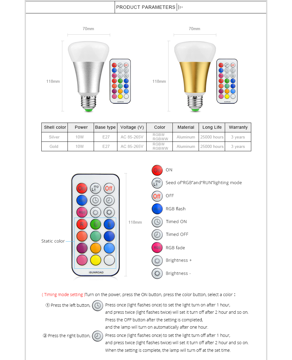 Dimmable LED light 110V 220V 10W E27 RGBW LED lamp RGBWW LED bulb 85 265V Night Light IR Remote Control indoor home lighting