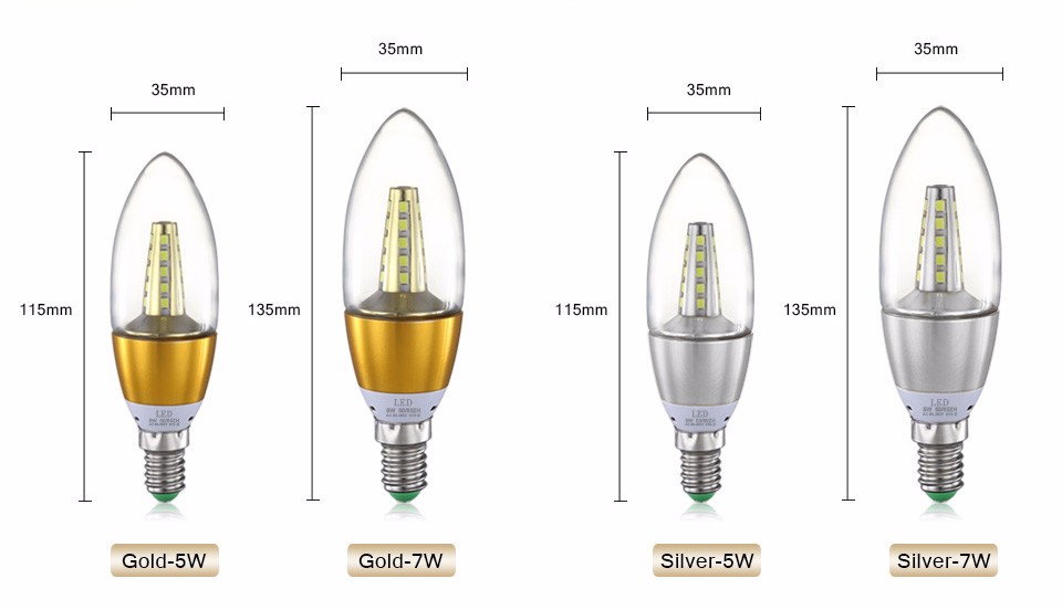 6pcs AC 220V 240V Full watt 5W 7W Aluminum heat LED Bulb Candle Light Spotlights ampolletas led E14 SMD2835 Chandelier Lamps