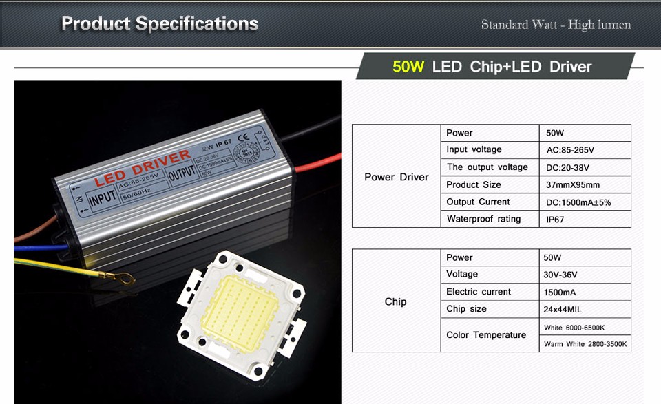 1x Real Enough 50W High Power Integrated LED lamp Chip COB light Source SMD Bulb DIY Floodlight Spotlight with Power Driver