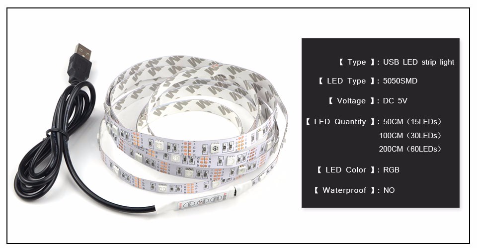 Non Waterproof 0.5m 1m 2m 3m 4m 5m RGB USB LED Strip Light DC 5V SMD 3528 5050 Flexible tape ribbon TV Background lamp Strip