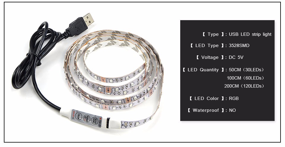 Non Waterproof 0.5m 1m 2m 3m 4m 5m RGB USB LED Strip Light DC 5V SMD 3528 5050 Flexible tape ribbon TV Background lamp Strip