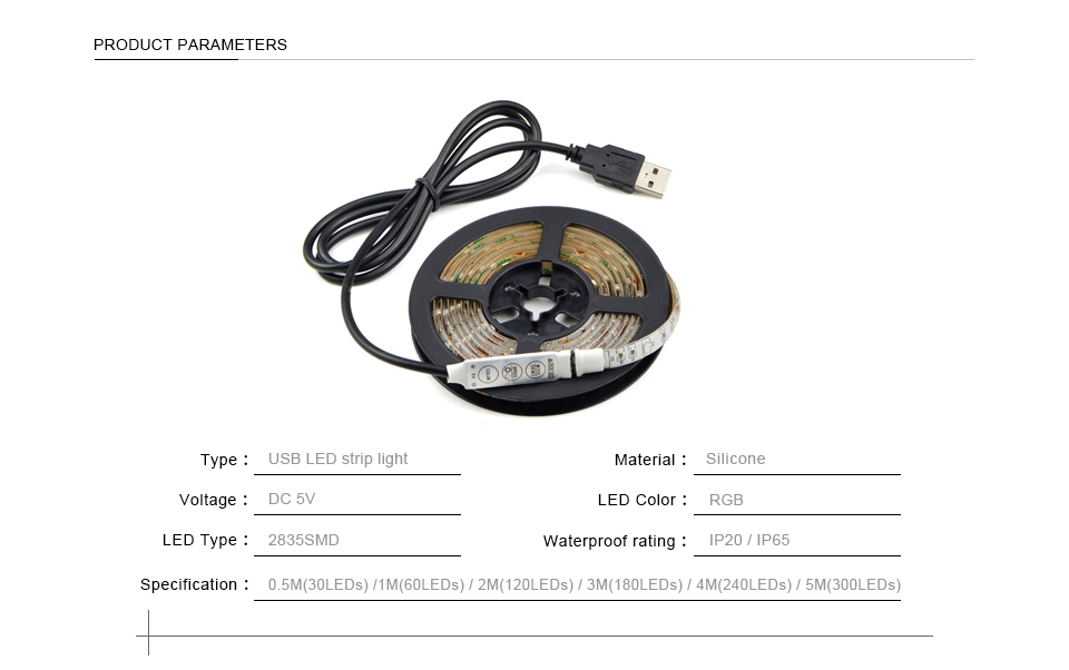 LED Light DC 5V 3528 SMD RGB USB LED strip light lamp 50cm 1m 2m IP20 IP65 waterproof Flexible Tape TV Background Lighting