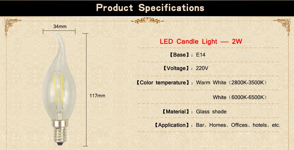 1X 220V E14 Glass Shade LED lamp 360 Degree 2W 4W Retro Edison LED Filament Bulbs Candle light COB Chandelier for Art lighting