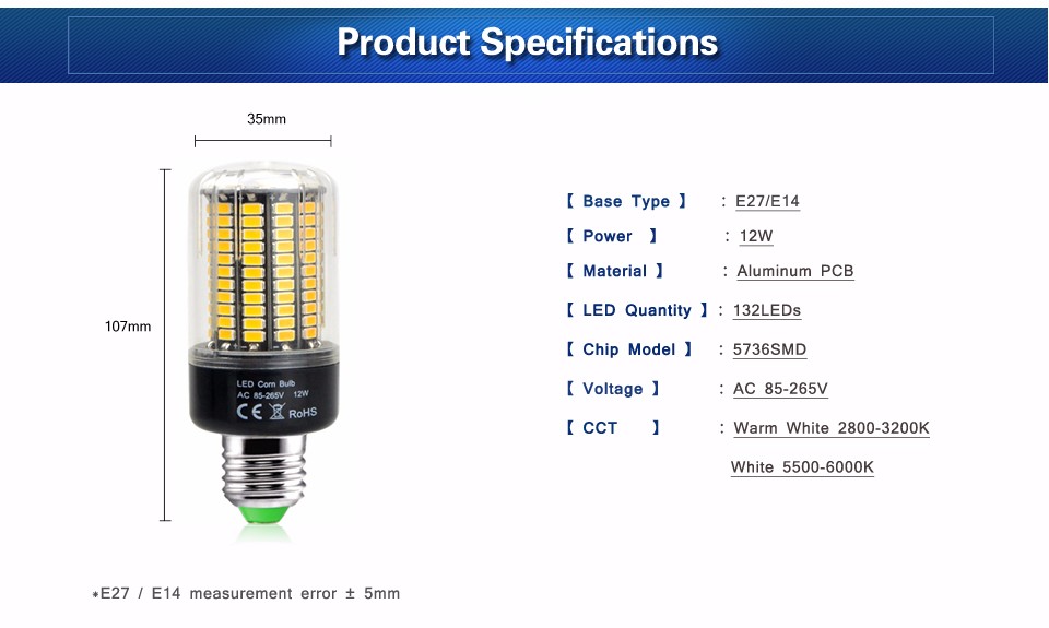 No strobe 12W E27 E14 85 265V 110V 220V LED bulb SMD 5736 LED Corn light lamp lamparas Ampoule Aluminum cooling