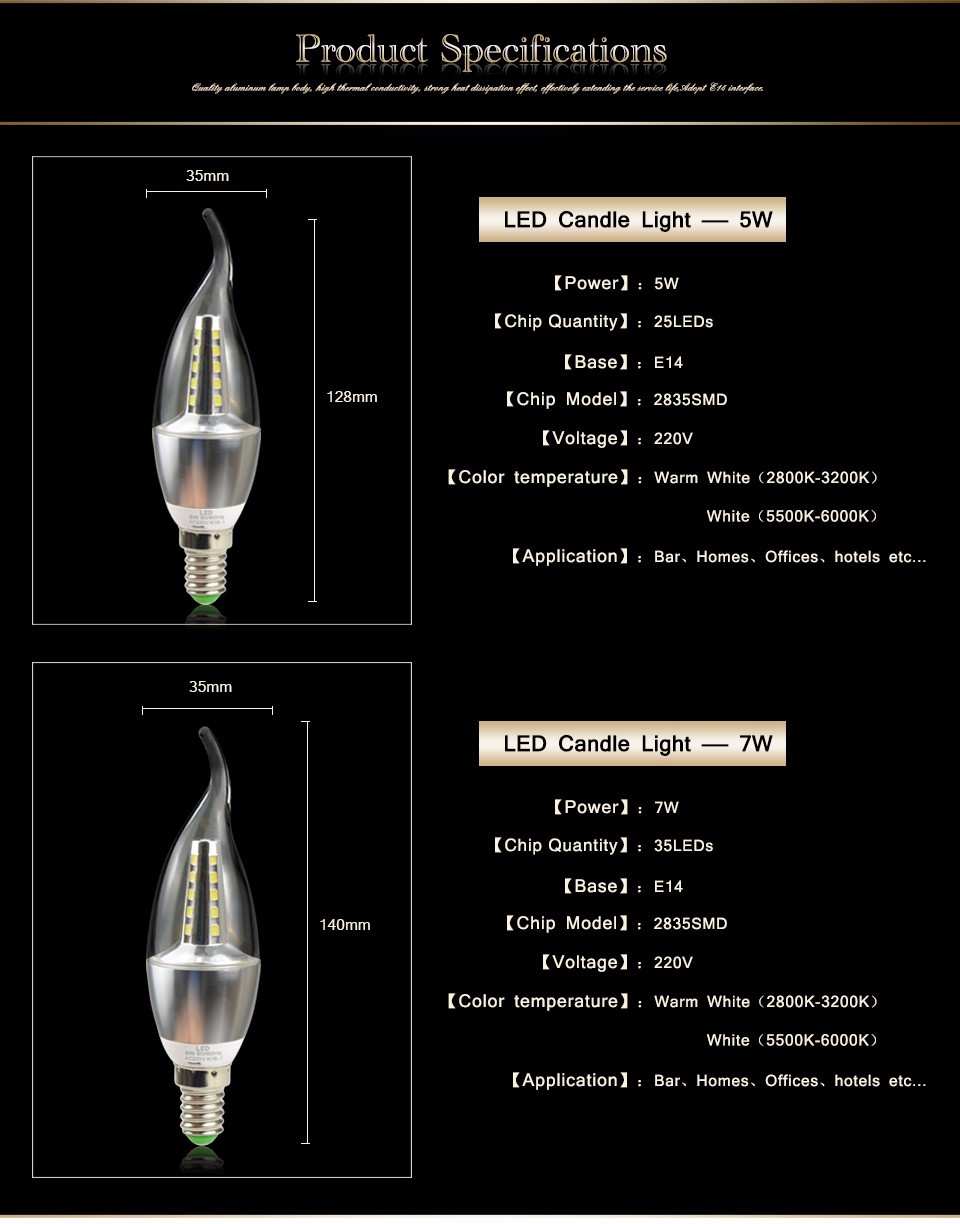 220V E14 5W 7W LED Candle Bulb light LED lamp Aluminum Cooling 2835 SMD 480 700LM Spot light For Crystal Chandelier lighting