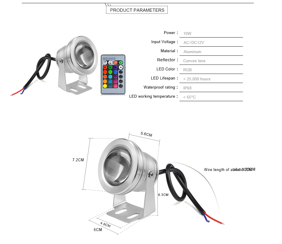 AC DC 12v RGB led underwater light 10w IP67 waterproof aquarium swimming pool spotlight stainless car lighting fish tank lamp