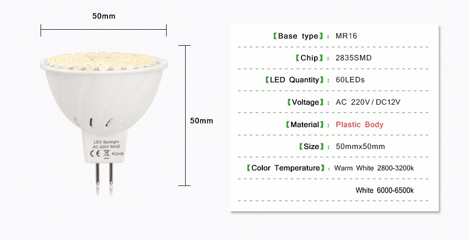 A Class 5W MR16 GU5.3 LED lamp 2835 SMD 3528 SMD 60leds 220V 110V DC 12V LED Plastic Glass Body LED Corn Spotlight Bulb