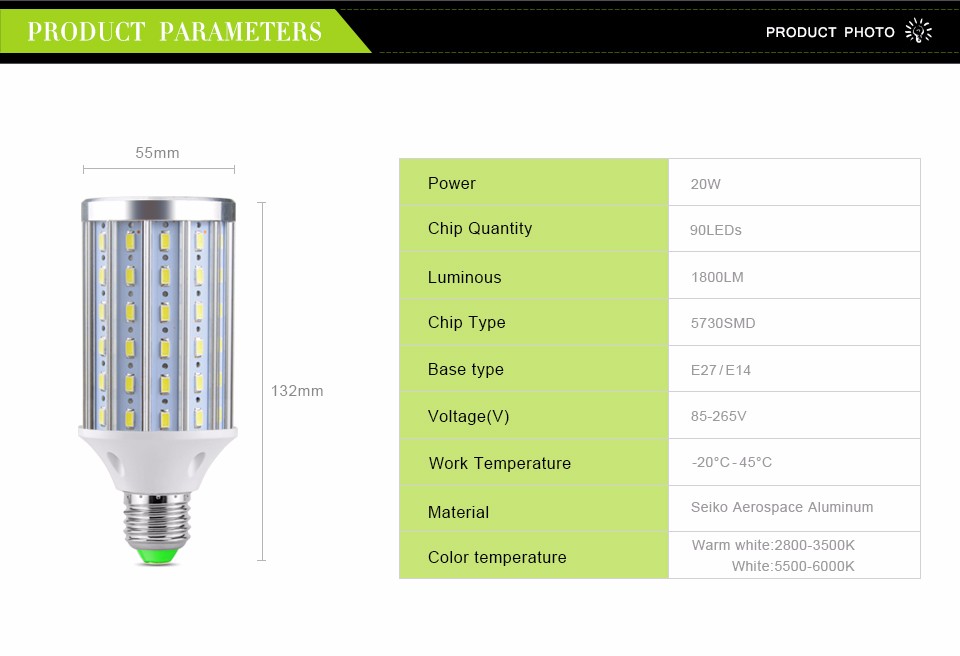 Aluminum PCB cooling 20W 90LED E27 E14 85 265V 220V 110V 5730 SMD LED corn Bulb light lamp More Longer life than plastic version