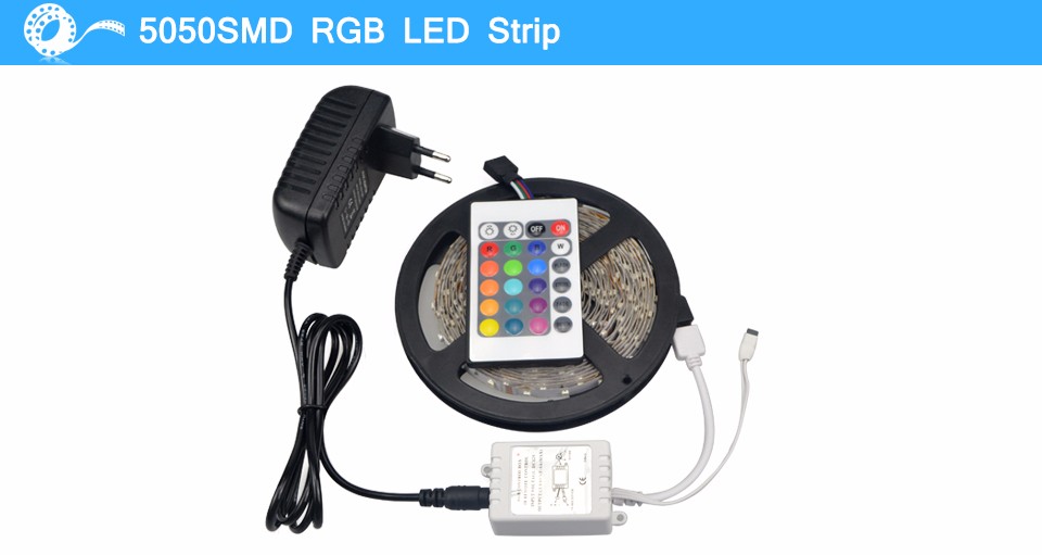 Non waterproof 5M RGB 5050 SMD Flexible LED Strip light 60LEDs M 24 Keys IR Remote Controller 12V 3A Power Supply adapter