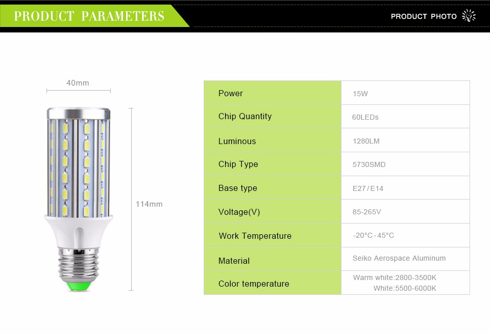 No Flicker Full Watt 15W E27 E14 85 265V 220V 110V 5730 SMD Aluminum Cooling High Power LED corn Bulb High Luminou light lamp