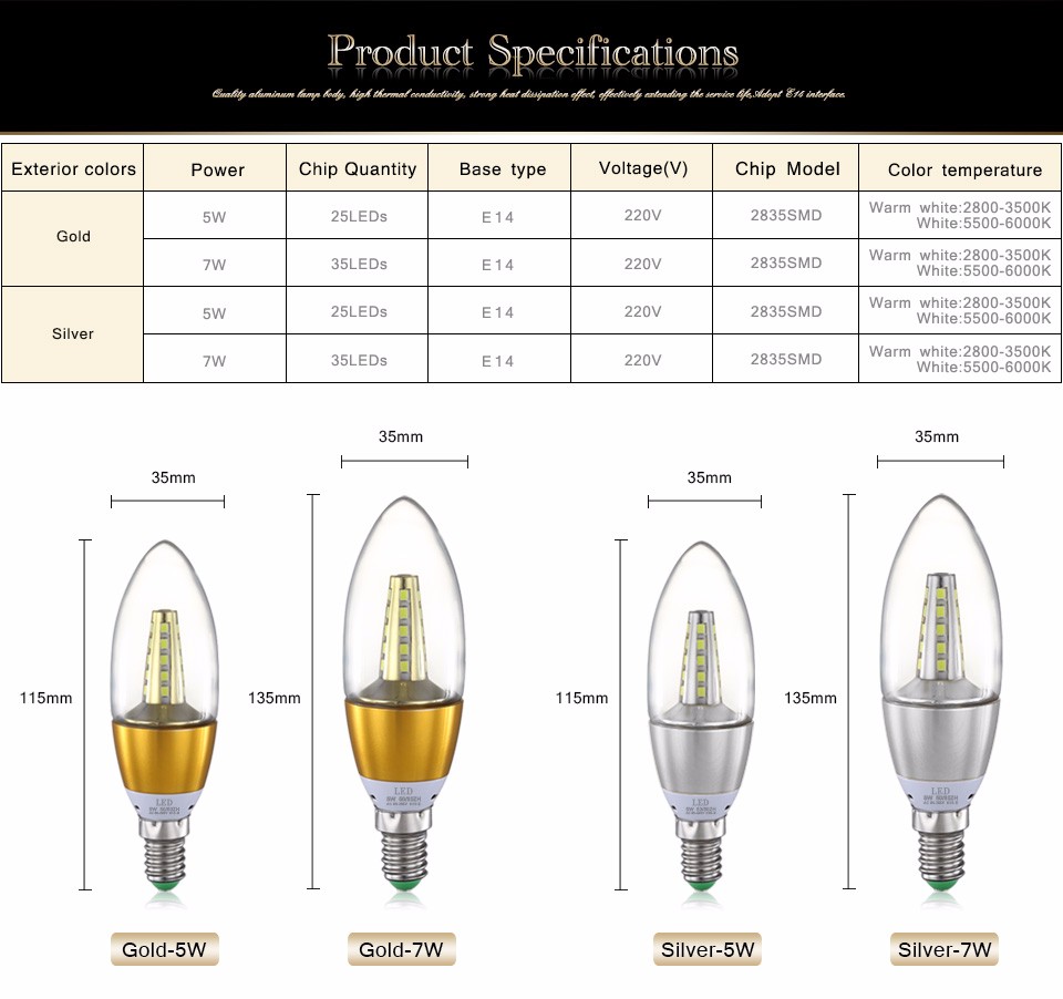 220V E14 LED Candle lamp 5W 7W LED bulb light Aluminum Body 2835 SMD Crystal Chandelier Spot light Bulb