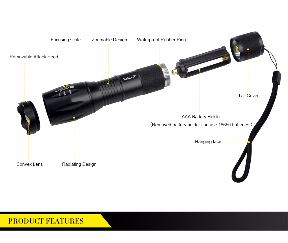 CREE XM L T6 Aluminum Waterproof 5 Mode LED Flashlight Zoomable Focus Torches light for 18650 Rechargeable or AAA Battery
