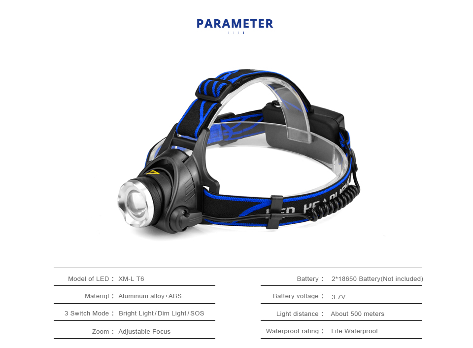 LED Headlight Flashlight CREE XM L T6 Waterproof Zoom LED Headlamp head lamp light Rechargeable EU Charge 2x 18650 Battery