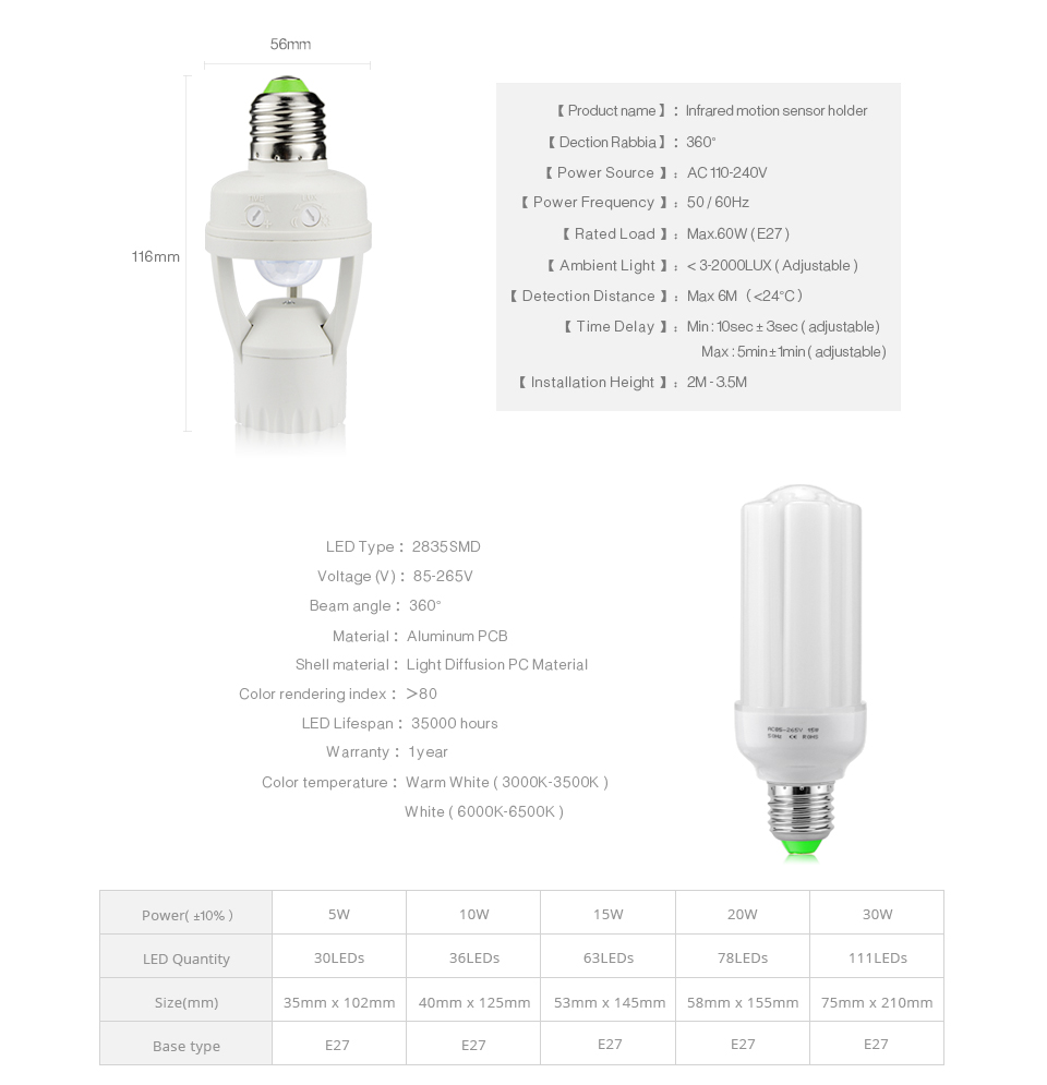 PIR Infrared Motion Sensor LED lamp light Switch Holder E27 220V LED light Kit Stair PIR lampholder lighting