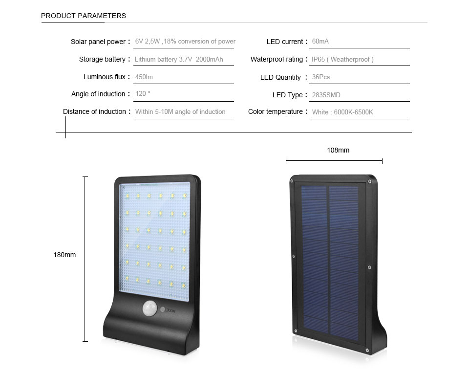 PIR Motion Sensor Solar panel LED Wall lamp Outdoor Night light Street Garden Door Path Yard Path Fence Patio Security light