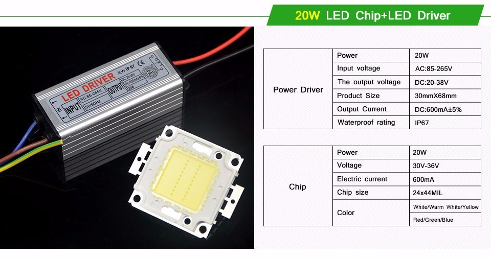 6colors 10W 20W 30W 50W High Power Integrated COB Chip LED lamp Bulb IP67 Waterproof Power Driver For DIY Flood lights