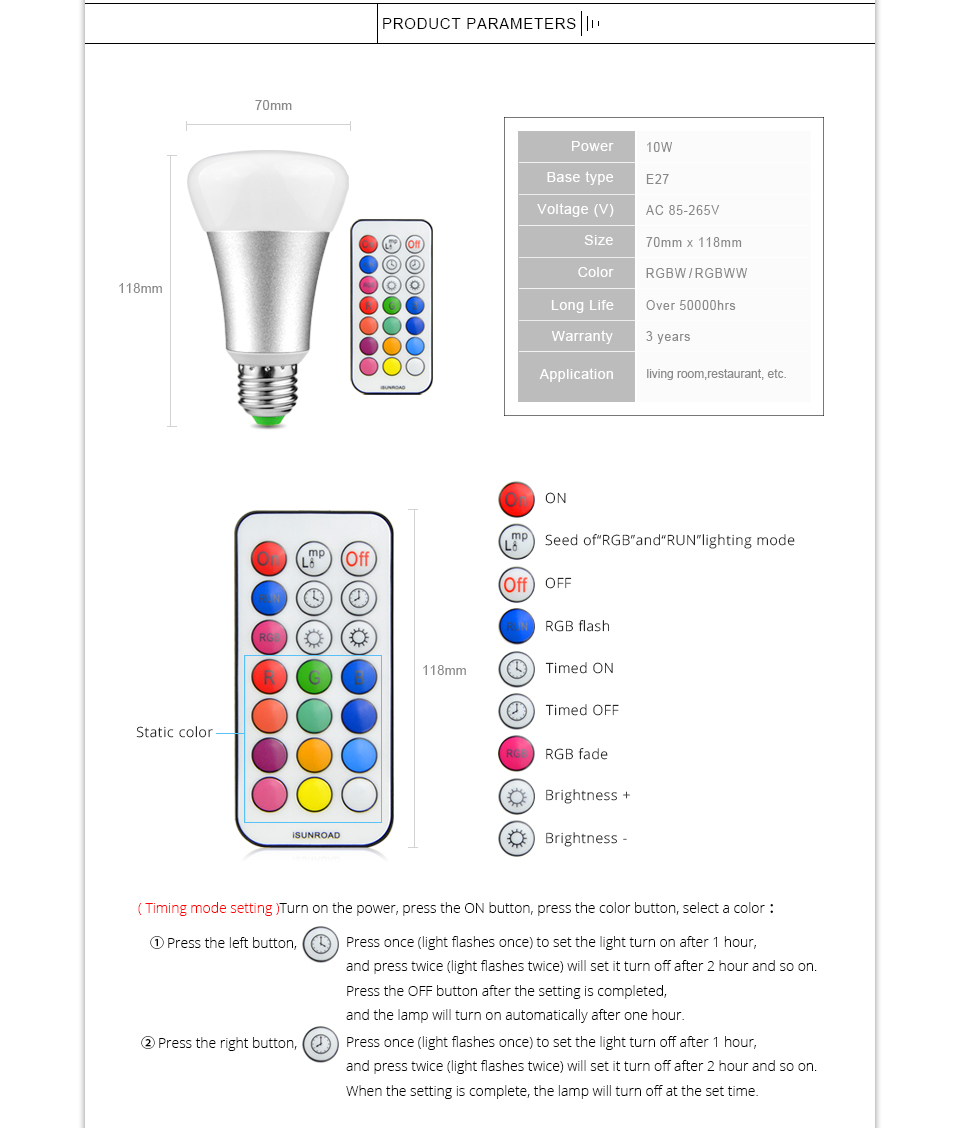 10W E27 RGBW RGBWW LED light 110V RGB LED lamp 220V LED bulb remote control home decor lamp night light Sliver aluminum body