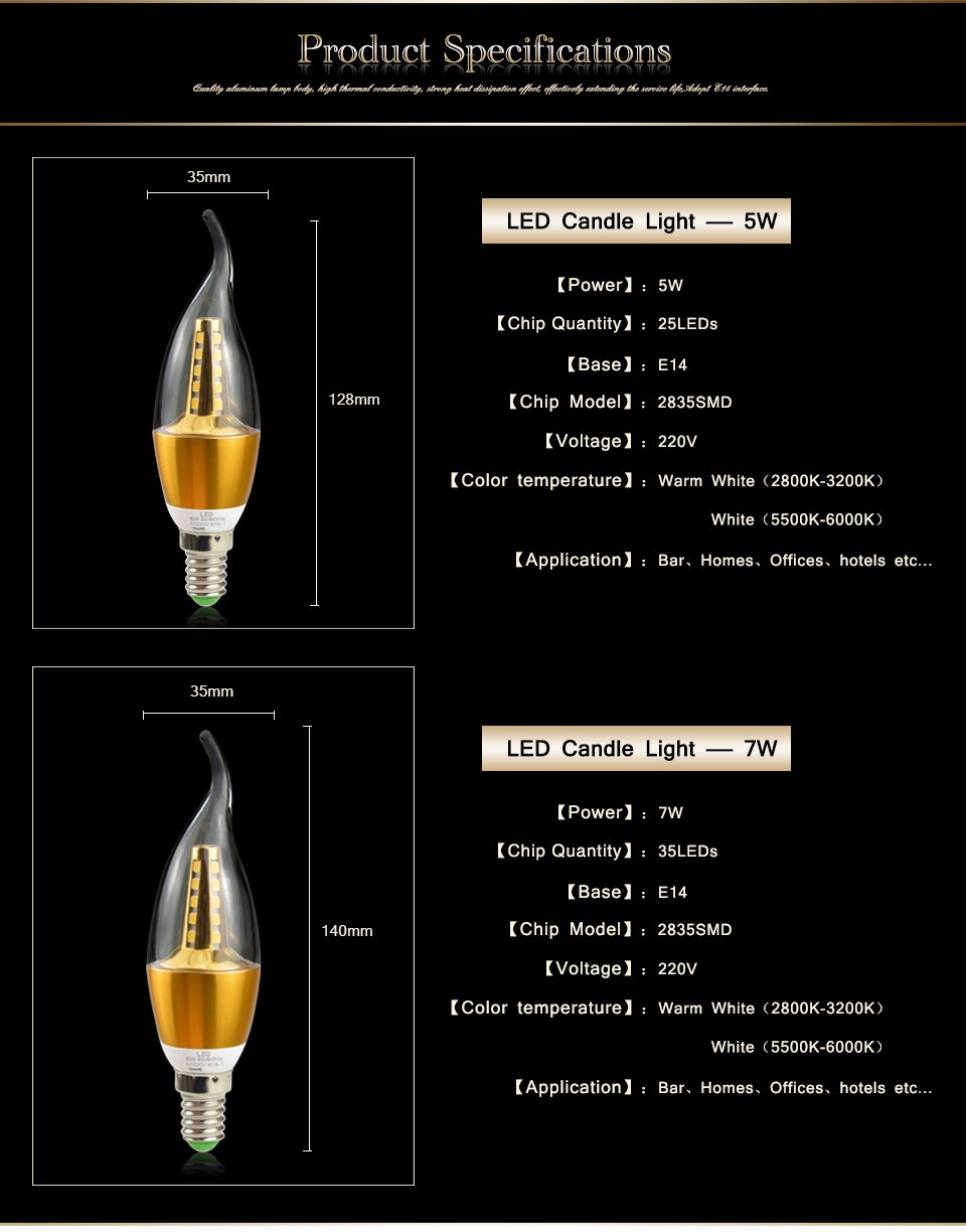 220V 2835 SMD 5W 7W E14 LED Candle light LED Bulb lamp Gold Aluminum Cooling For Ceiling Pendant Crystal Chandeler