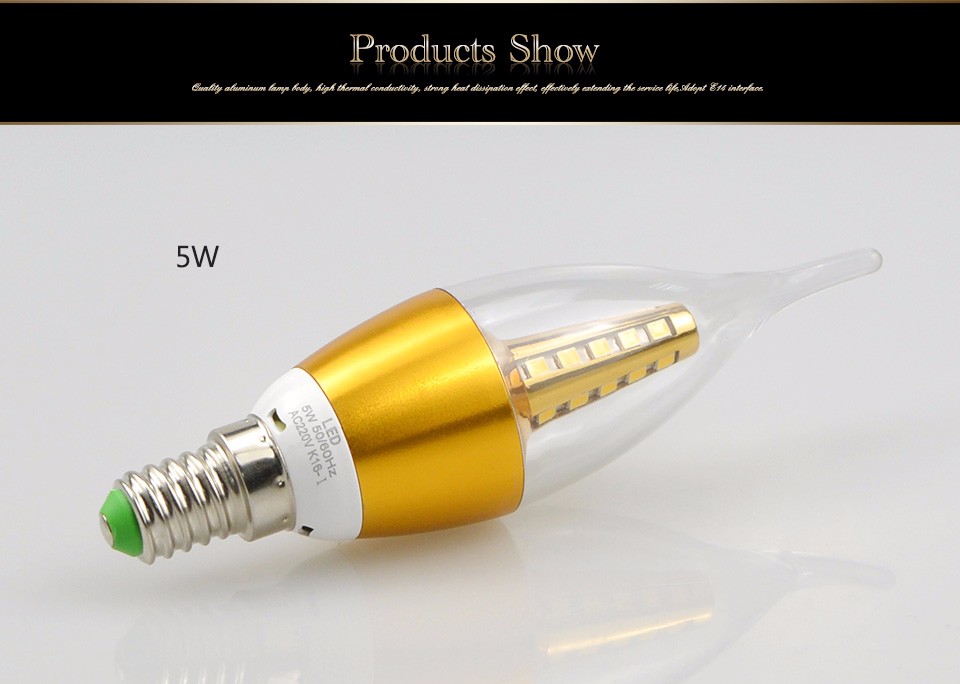 220V 2835 SMD 5W 7W E14 LED Candle light LED Bulb lamp Gold Aluminum Cooling For Ceiling Pendant Crystal Chandeler