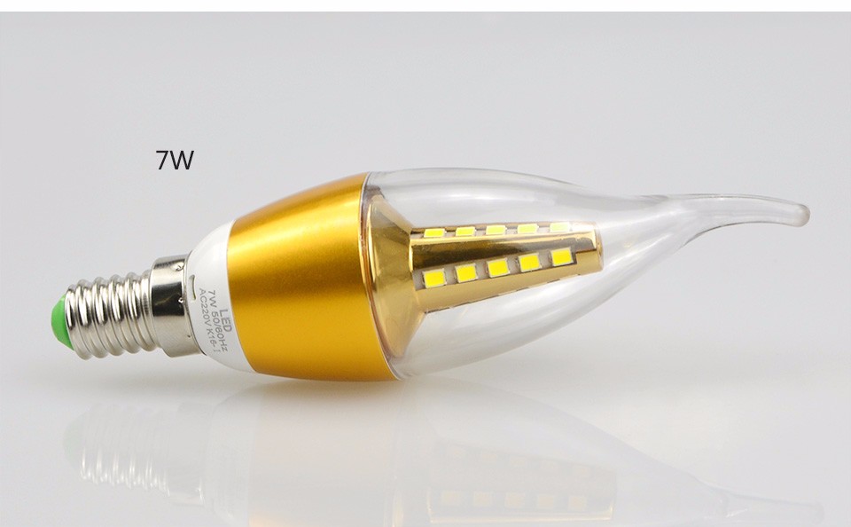 220V 2835 SMD 5W 7W E14 LED Candle light LED Bulb lamp Gold Aluminum Cooling For Ceiling Pendant Crystal Chandeler